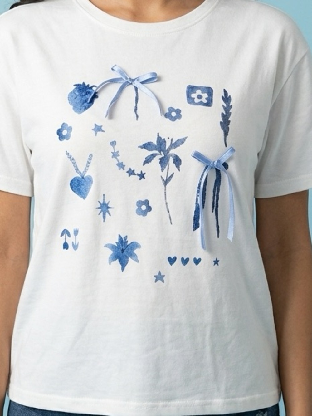 Rosie Posie White Graphic Tee with Blue Bow Accents - Picture 1 of 7